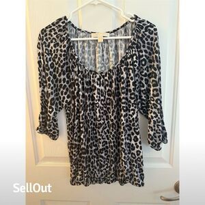 Michael Kors Women's 3/4 Sleeve Leopard Print Peasant Blouse 1X